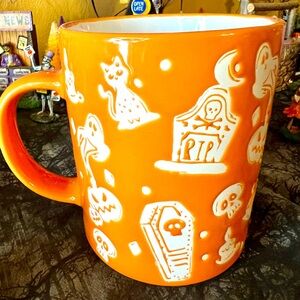 Halloween Textured Orange & White Mug Tombstone Ghost Cats Coffin Skull Candle
